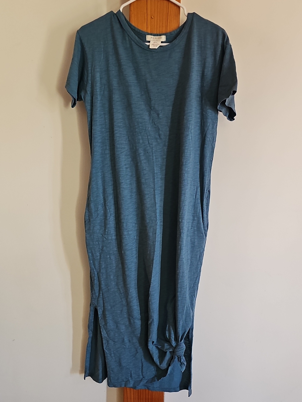 Cotton Teal Blue Knit Midi Dress with Side Knot